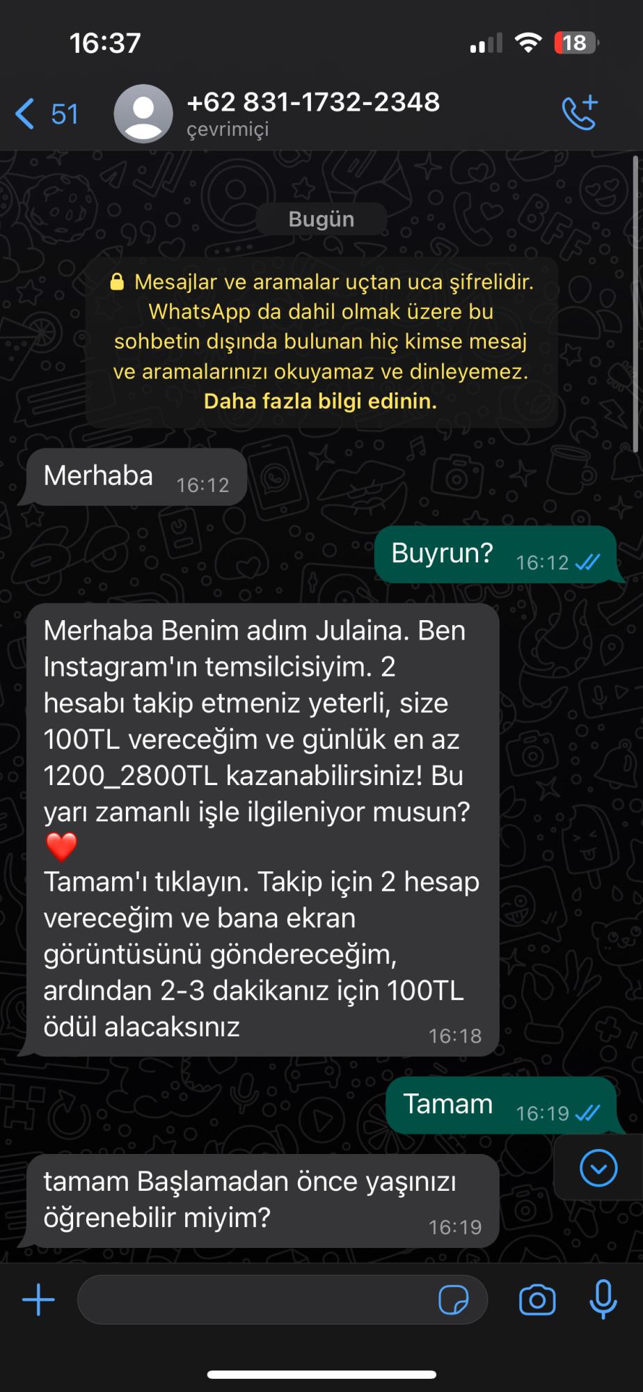 Görev Yap Para Kazan WhatsApp tan Yazan Yabancı Numara Şikayetvar