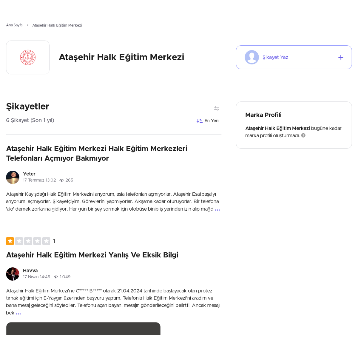 atasehir halk egitim merkezi sikayetvar