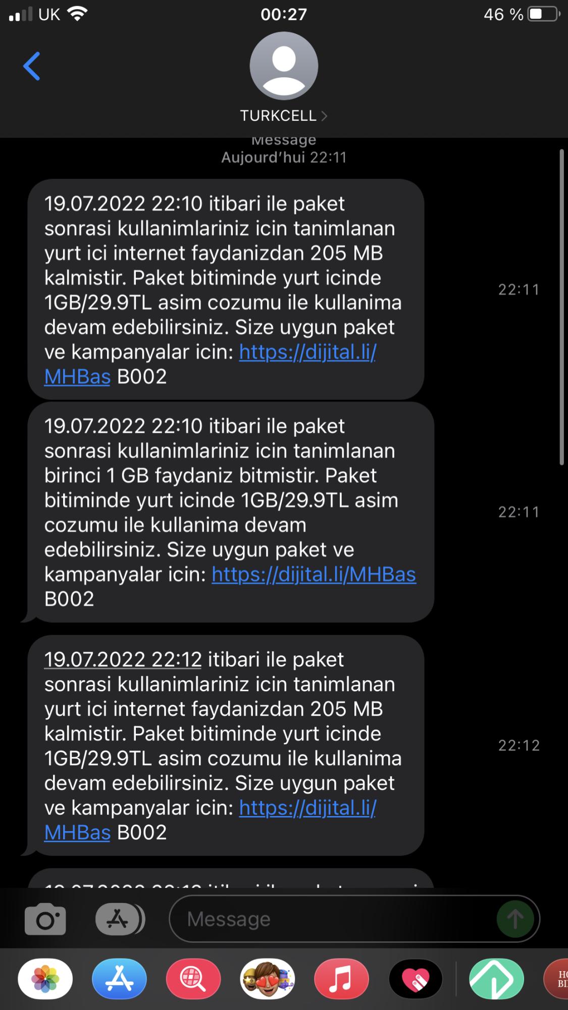 turkcell aşım yapmadığım halde ard arda aşım mesajı geldi Şikayetvar