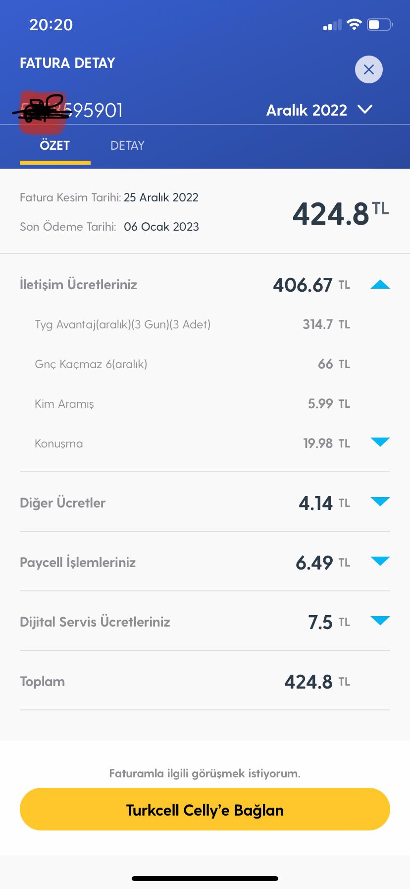 turkcell tyg detayı İle alınan yüklü fatura Şikayetvar