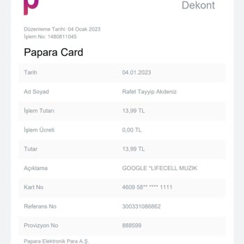 Papara Kartımdan Gerçekleştirilen Google Lifecell Müzik İşlem