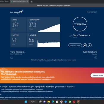 Türk Telekom İnternet Ping Jitter ve Hız Değerleri Dengesizlik
