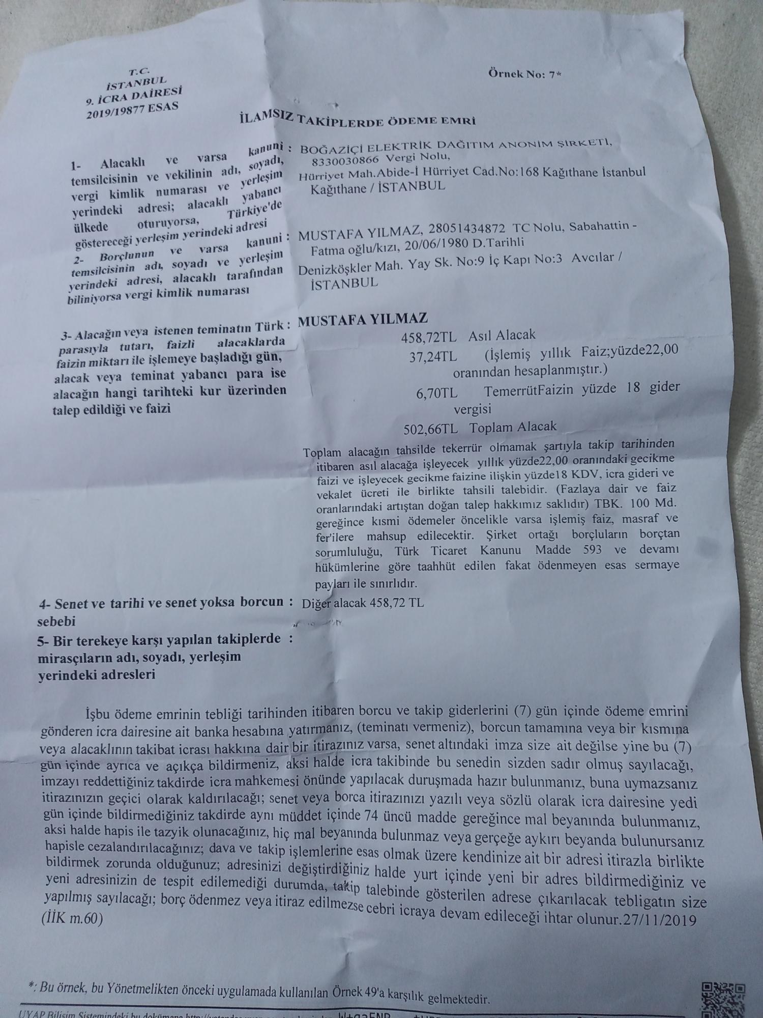 Boğaziçi Elektrik - BEDAŞ BEDAŞ 458 Liralık Borcum İçin İcra Ödeme Emri ...