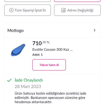 Evolite Uyku Tulumu Siparişim İptal Edildi
