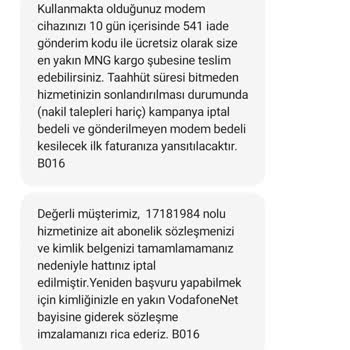 Vodafone Net, Bilgim Dışında Eksik Evrak Nedeni İle Abonelik İptali