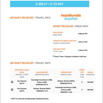 Sunexpress Satın Almış Olduğum Uçak Biletin Fiyatını Düşürdü. Zarar