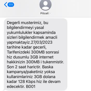 Pttcell Gereksiz Yere İnternetiniz Durdurulacak Mesajı Gönderiyor.