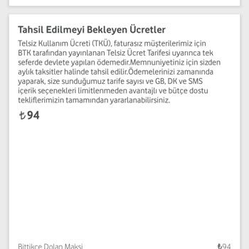 Vodafone Tahsil Edilmeyi Bekleyen Ücret