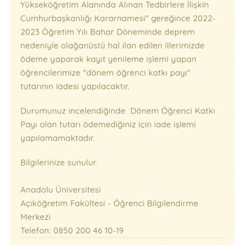 Yükseköğretim Kurulu (YÖK) AÖF Deprem Bölgesi Para İadesi