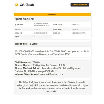 VakıfBank Pos Yazılım/Donanım/Bakım Ücreti İadesi Talebi