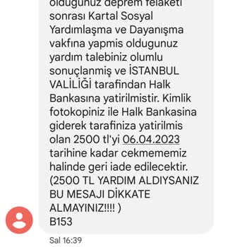 Kartal Sosyal Yardımlaşma Ve Dayanışma Vakfı 2500 TL Yardım Parasını Alamıyorum
