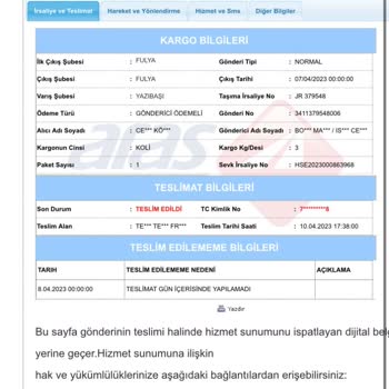 Aras Kargo Teslim Edilmeyen Kargoya Teslim Edildi Bildirimi