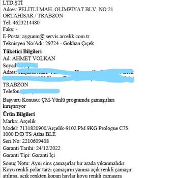 Arçelik Çamaşır Makinesi Tiftik, Tüylenme Yapma Leke Çıkaramama Sorunu