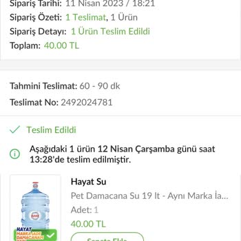 Hayat Su Danone Hayat İçecek Siparişim Teslim Edilmedi