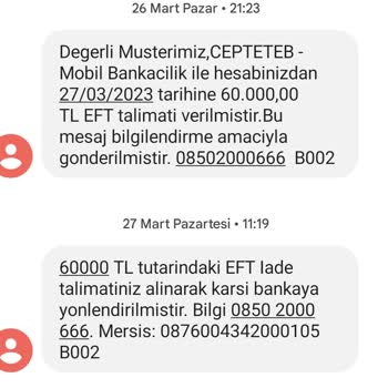 TEB EFT İptalinin Ve Para İadesinin Gerçekleşmemesi