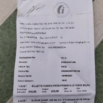 Gillette Zırhlıoğlu Gebze Şubesi Raf Fiyatı İle Fatura Arasındaki Fark 95₺