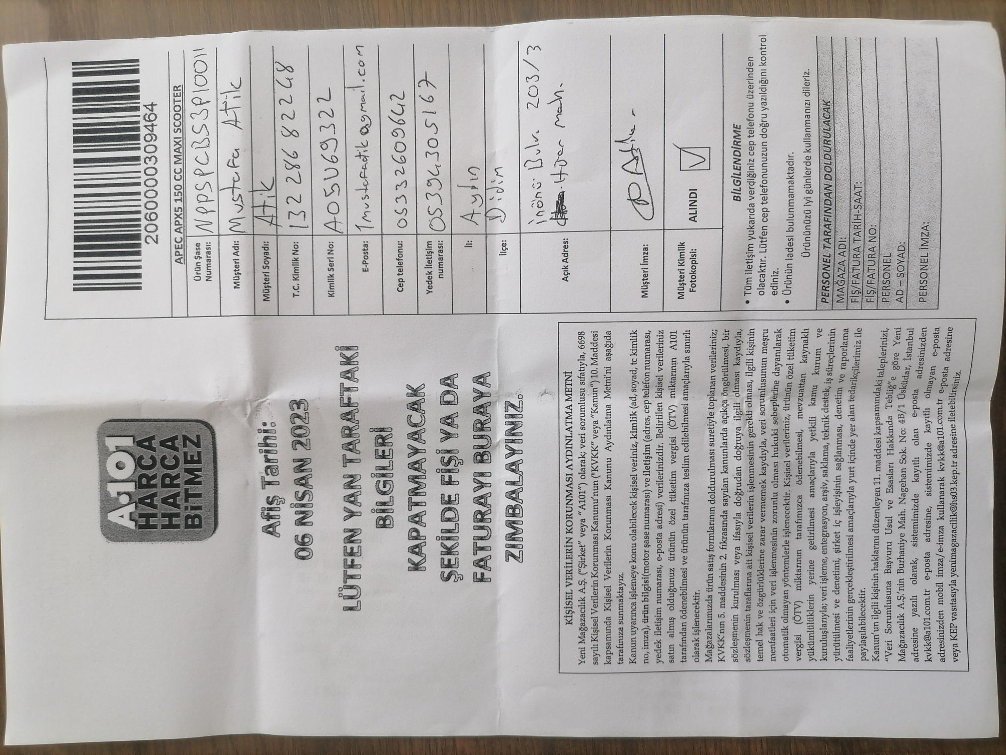 A101 APEC 150 CC Maxi Scooter Teslimatının Yapılmaması Şikayetvar