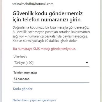 Microsoft Hesabınız Kilitlendi. Bu Numaraya SMS Gönderemiyoruz.