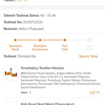 Trendyol Yemek Üzerinden Arbys Siparişi