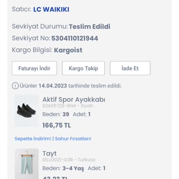 LCW Yanlış Gönderilen Ürün