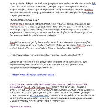 Umut Çekiliş Şirketinin, Carrefour SA, Knorr Çekilişinde Şaibe Var!