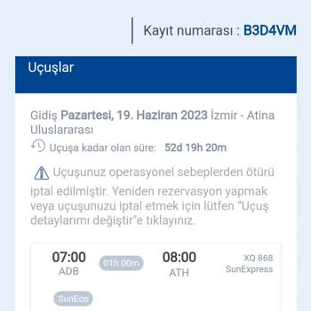 SunExpress Hava Yolları İzmir Atina Seferi Bilet İptali