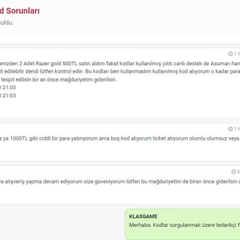 Klasgame Razer Gold Kodları Kullanılmış Çıktı Paramı İade Etmiyorlar