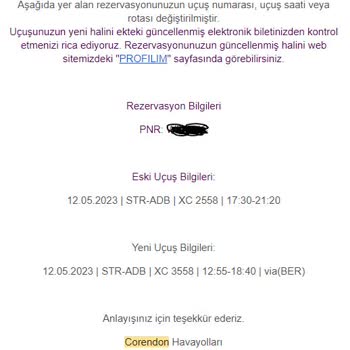 Corendon Direkt Uçuşun Aktarmalı Olarak Değiştirilmesi
