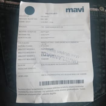 Mavi Firması Kot Pantolonda Paça Dönmesi Ve Kusurlu Ürün