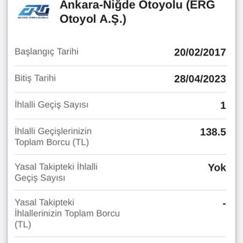 Ankara Niğde Otoyolu (Erg İnşaat) Otoban Ücreti Ödeyememe