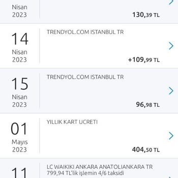 Yapı Kredi 6 Hesap Kesim Dönemine Ait Yıllık Kart Ücreti