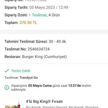 Trendyol GO Burger King Şubesi Sipariş Hatası