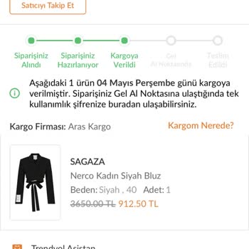 Aras Kargo Trendyol'dan Sagaza Markalı Ceket Siparişimde Sorun Yaşadım
