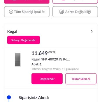Regal Marka Buzdolabı Siparişindeki Gecikme
