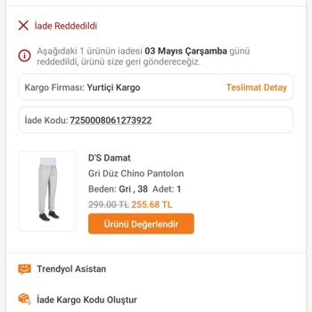 DS Damat Yırtık Gelen Pantolonun İade Reddi