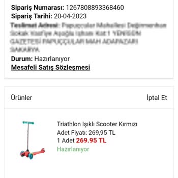 A101 Triathlon Kırmızı Işıklı Scoter Ürünümün Kargolanmasını Bekliyorum