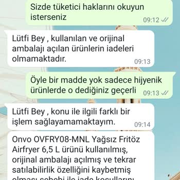 A101 İnternet Sitesinden Almış Olduğum Onvo Airfry Ürünü İade Almıyor