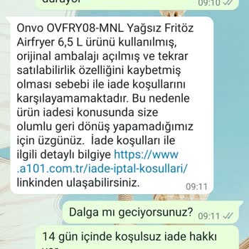 A101 İnternet Sitesinden Almış Olduğum Onvo Airfry Ürünü İade Almıyor