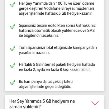 Vodafone 4 GB Hediyem Yüklenmedi.