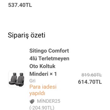 Sitingo Oto Comfort 4'ü Koltuk Kılıfı İade Süreci