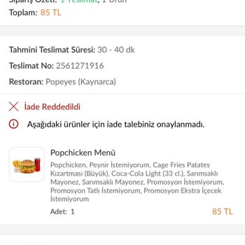 11.05.2023 Trendyol Yemek Ve Popeyes Restoranı Sorumsuzluğu