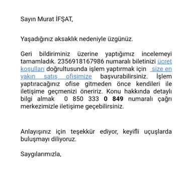 THY Bilet Ücret İadesi