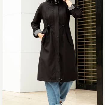 Modasena Kapüşon Detaylı Tesettür Trenç Siyah