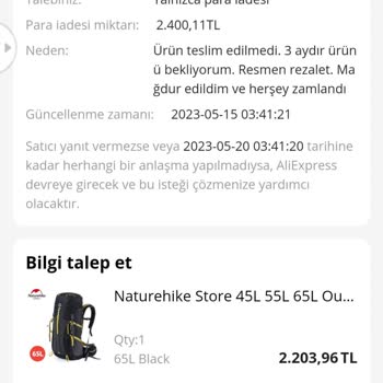 Naturehike Store'dan Aldığım Çanta 3 Aydır Teslim Edilmedi Ve Param İade Edilmedi