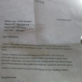 Toksöz Spor Ayakkabı Puma Para İadesi Talep Ediyorum