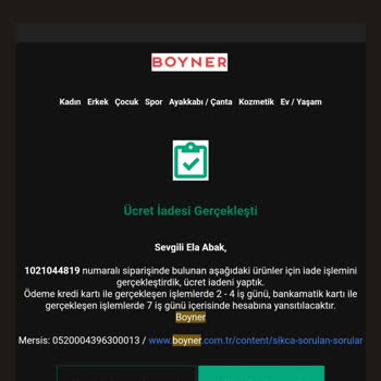 Boyner Teslim Edilmeyen Ürünün Ücret İadesinin Yapılmaması