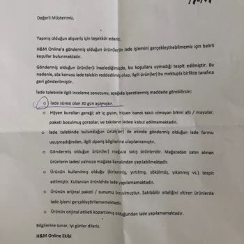 H&M Firması Ürünün Arkasında Durmuyor. İnceleme Talebini Reddediyor.