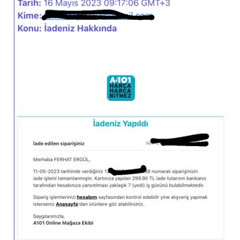 A101 İptal Edilen Sipariş