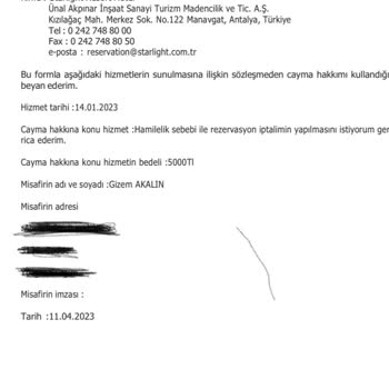 Starlight Resort Hotel Rezervasyon İptali Ödeme Yapılmıyor