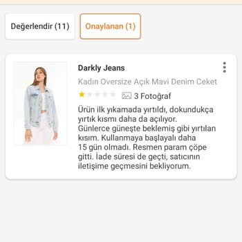 Trendyol Darkly Jeans'ten Aldığım Ceket İlk Yıkamada Yırtıldı